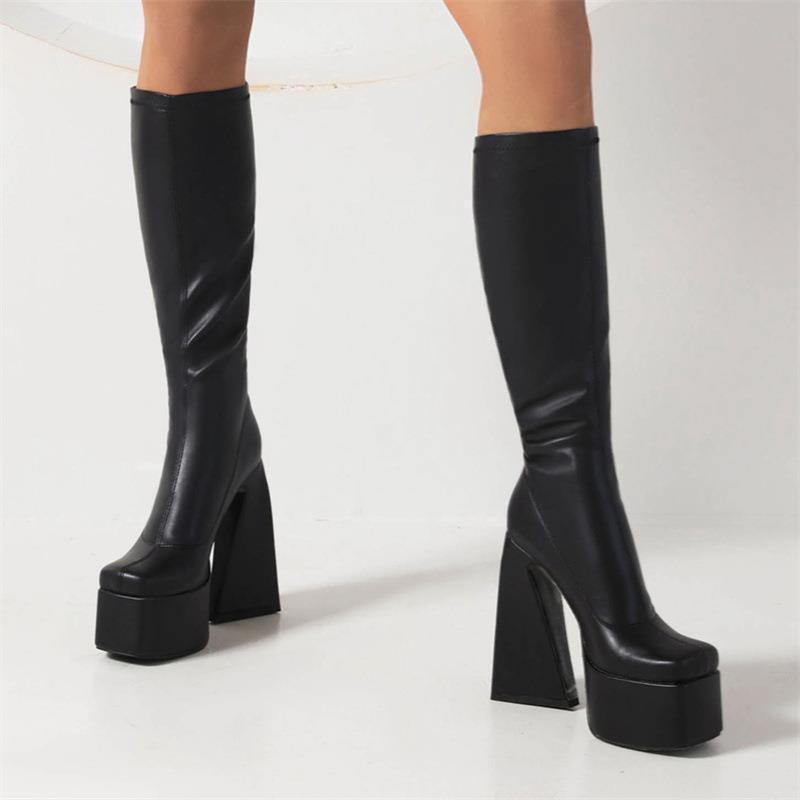 European and American Thick-soled High-heeled Special-shaped and Square-head Fashion Elastic Knee-length Women's Boots