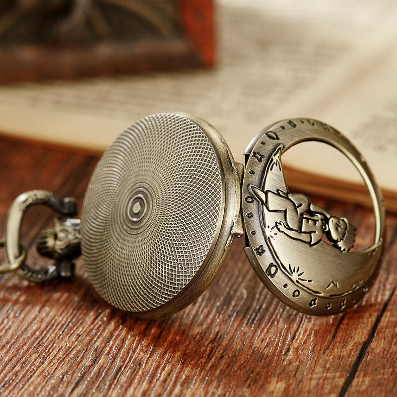 Flip Bronze Second Moon Boy Semi-transparent Classic Large Quartz Pocket Watch