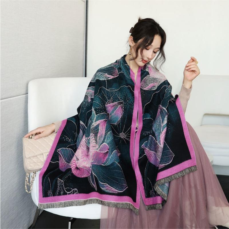 Fresh and Elegant Lotus Oil Painting Scarf Women's Winter Thickened Women's Shawl Double-sided Jacquard Imitation Cashmere Warm Scarf
