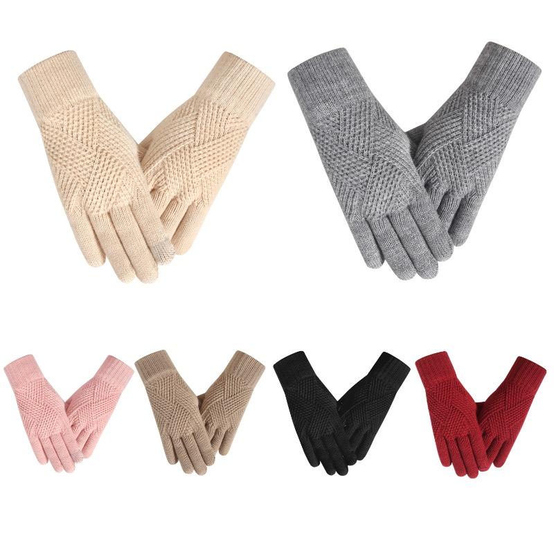 New Women's Touch Screen Gloves Thickened Knitted Gloves Warm and Cold-proof Simple Plush Wool Gloves Can Touch the Screen