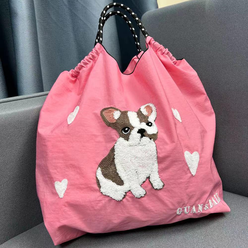 2024 Japanese-Style Cute Dog Embroidered Nylon Eco-Friendly Shoulder Shopping Bag