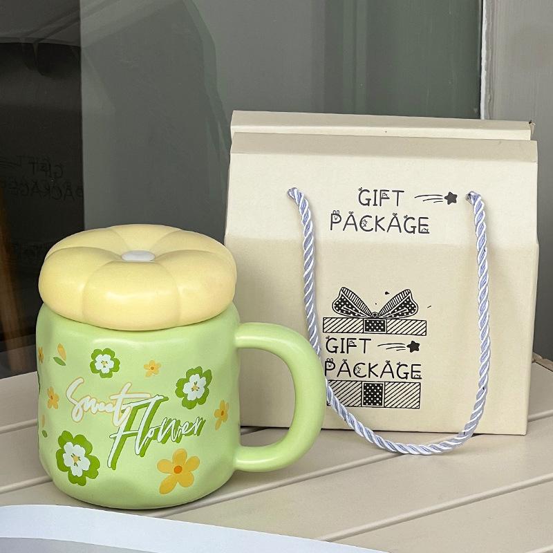 Cute Ceramic Cup with Lid High Value Ins Style Household Couple Water Cup Gift Box Creative Hand Gift Mug