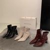 High-heeled short boots women's 2025 new autumn and winter design sense niche pointed thin boots patent leather thick-heeled boots leather shoes
