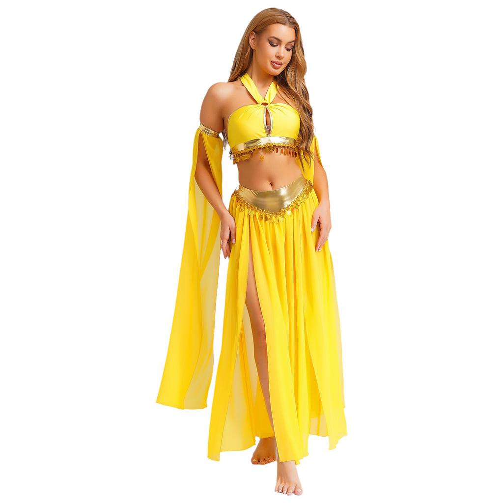 Womens Belly Dance Outfit Self Tie Halter Keyhole Front Sequins Crop Top Built In Briefs Slit Chiffon Skirt