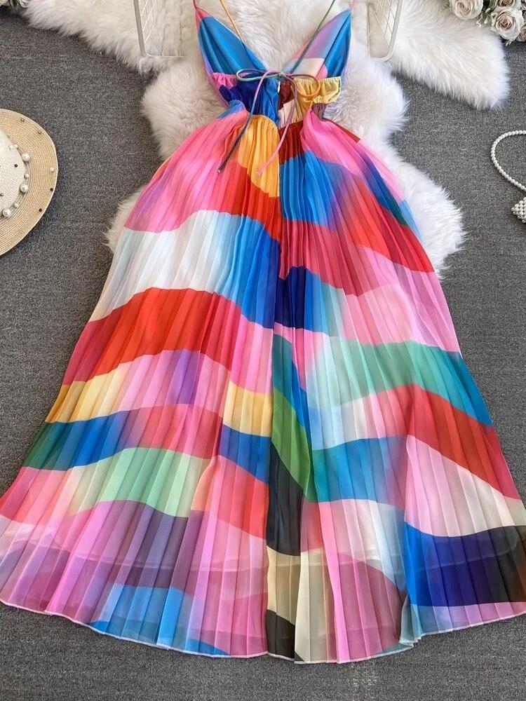 Summer Print Holiday Rainbow Candy Sling Sundresses Women's Spaghetti Strap V Neck Backless Chiffon Beach Vacation Pleated Robe