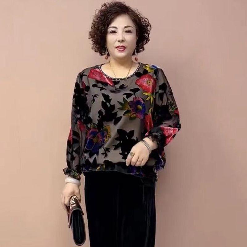 2PCS Pants Suts Spring Summer High-end Women's Printed Plus-Size Silk Blouse Velvet Pants Two-Piece Set Loose Flocked Velvet Blouse Velvet Pants Set