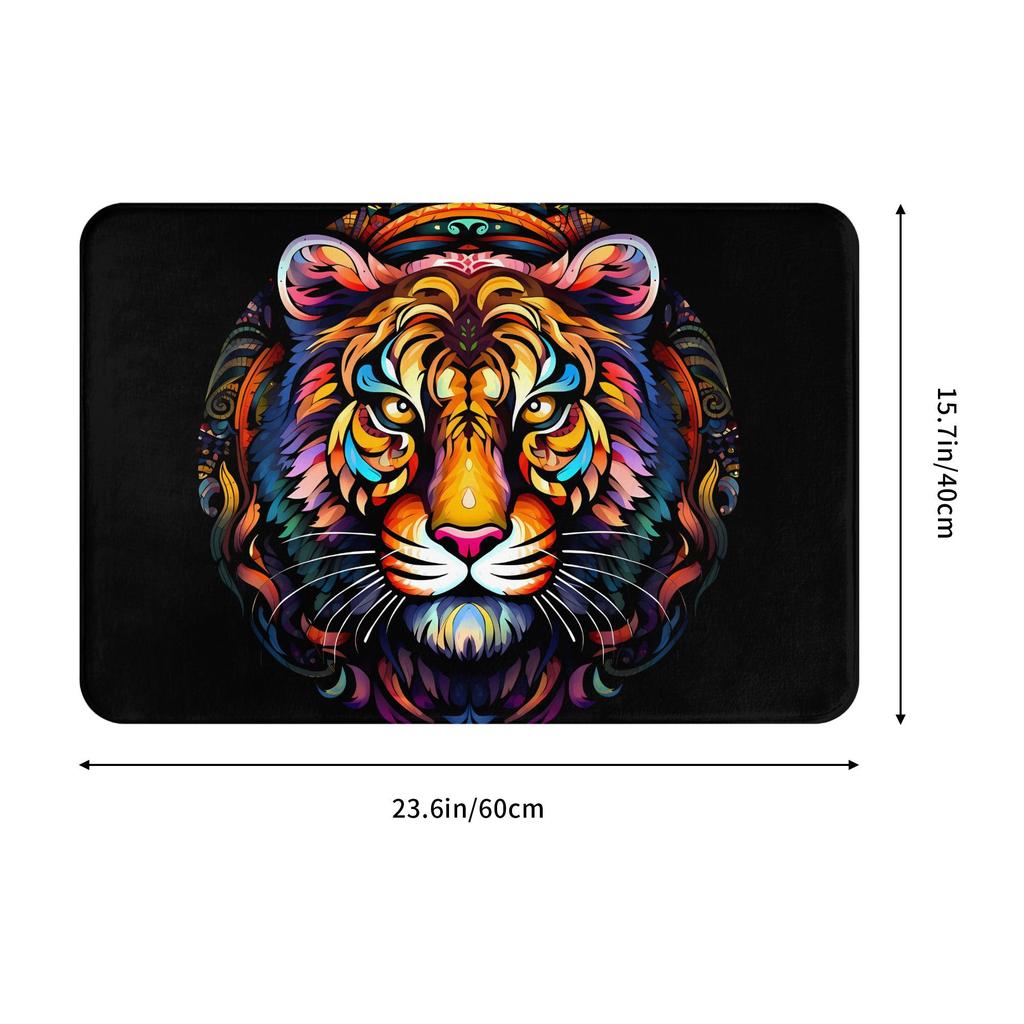 Psychedelic Tiger Head Doormat Black Background Printed Polyester Machine Washable Entrance Floor Mat
