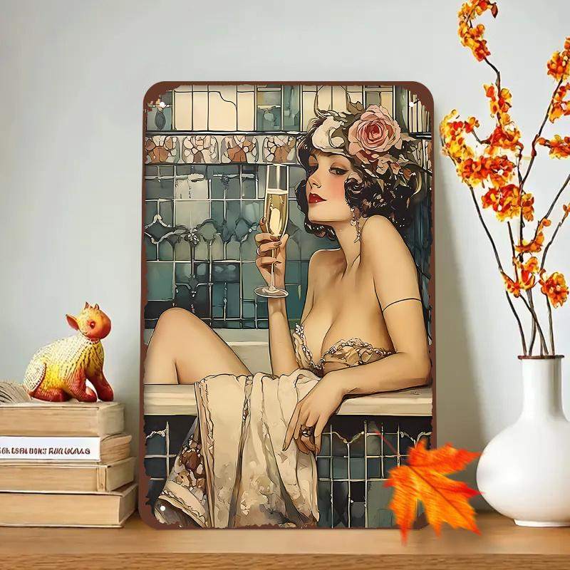 Vintage 1920s Lady In Bathtub Metal Wall Art, Reusable Tin Sign Decor, Fashionable Retro Bedroom for Elegant Home Decoration