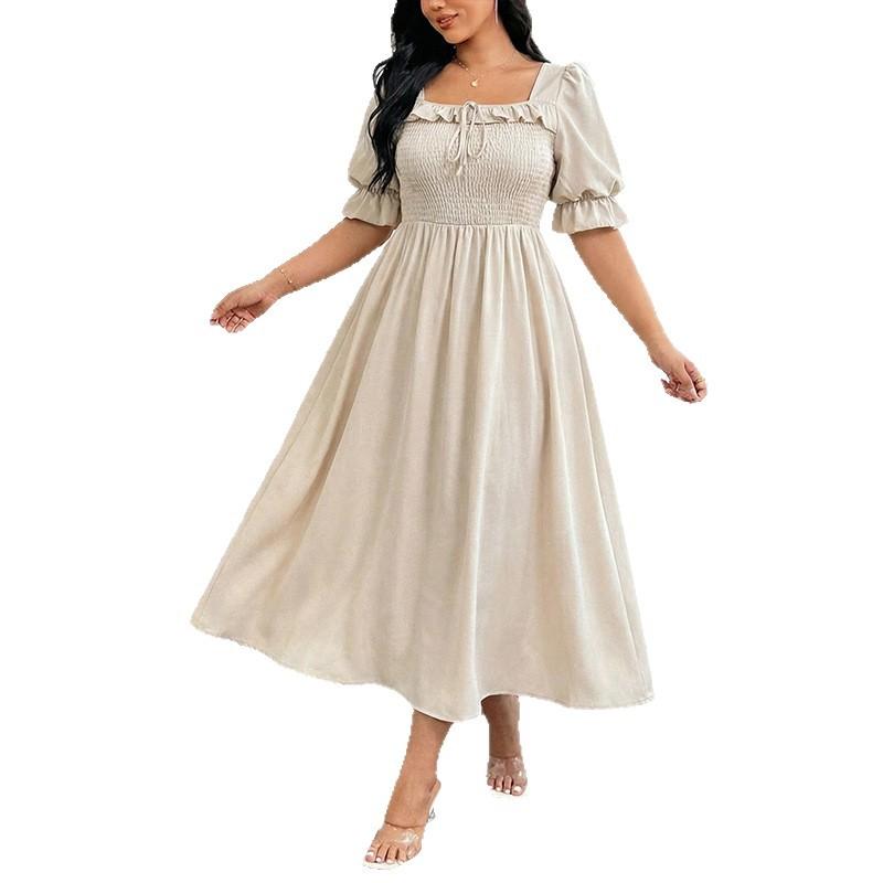Big Size Square-necked Dress - Gentle Style Long-sleeved Short Dress with Puff Sleeves, Waist-hugging Design for Slimming Effect, Mid-length Dress