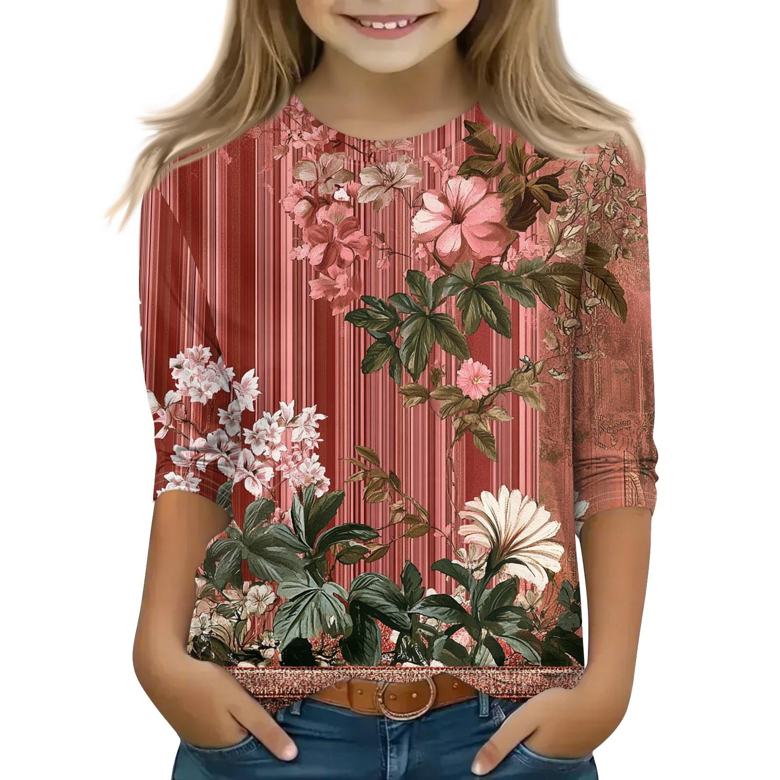 

Print Tops For Youth Girls Round Neck 3/4 Sleeves T-Shirts Trendy Tops Outfit Tees 140 червоний