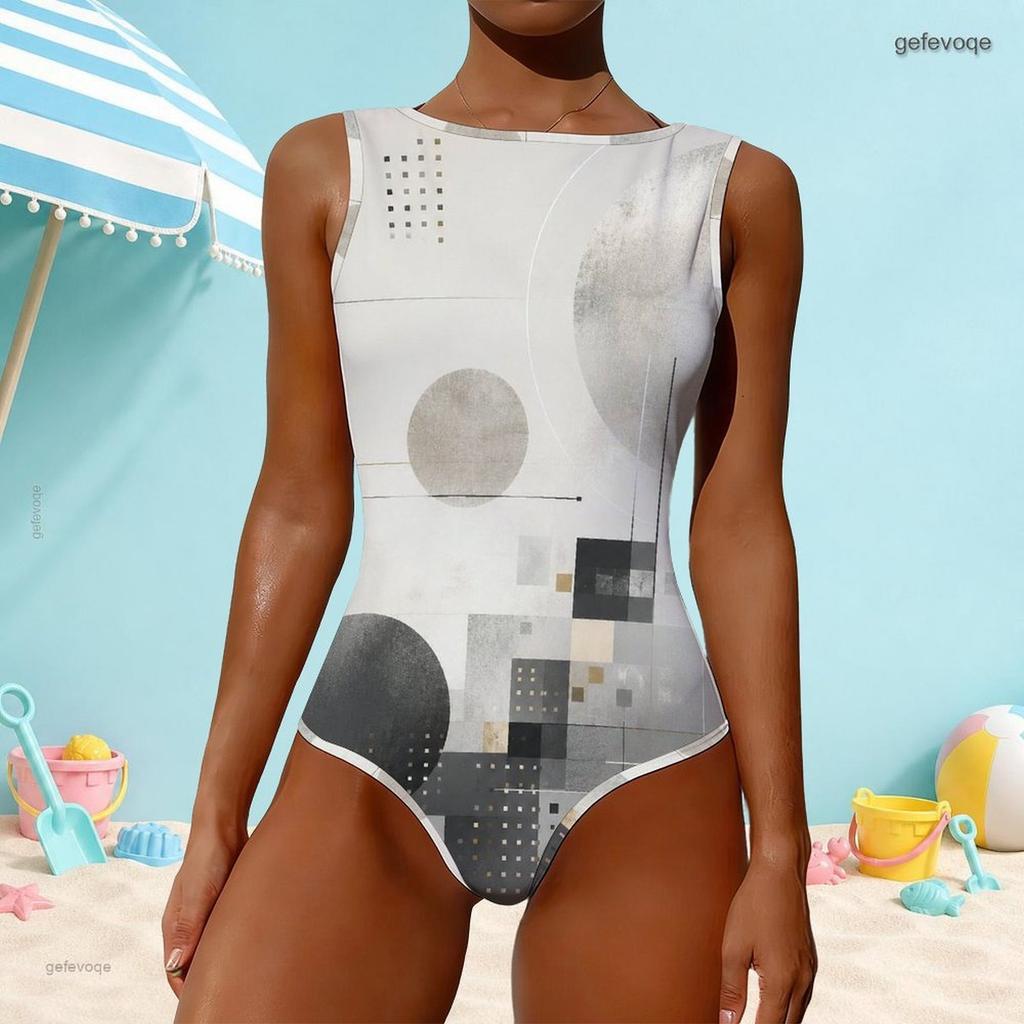 Women Plus Size High Round Neck Sleeveless One Piece Geometric Printed Swimsuit