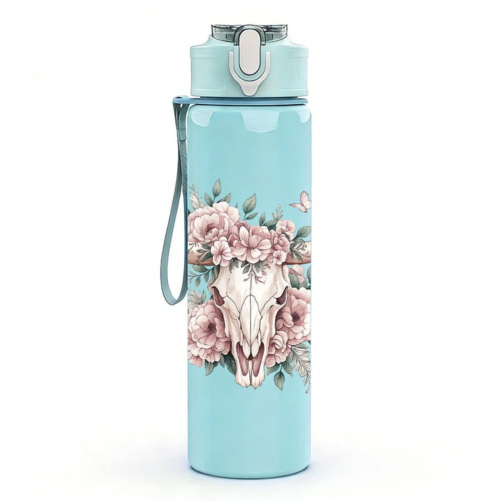 1PC Cow Skull Rose Western Floral Print 750ml Color Plastic Sports Water Bottle Leakproof Flip Straw Lid Suitable for Sports Office Home Use