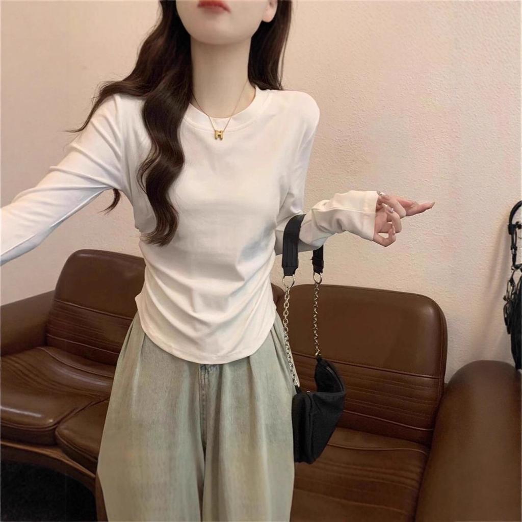 Women's Round Neck Long Sleeve Top Slim Fit Commuter Style Ruched Solid Color Retro Casual Basic Tee