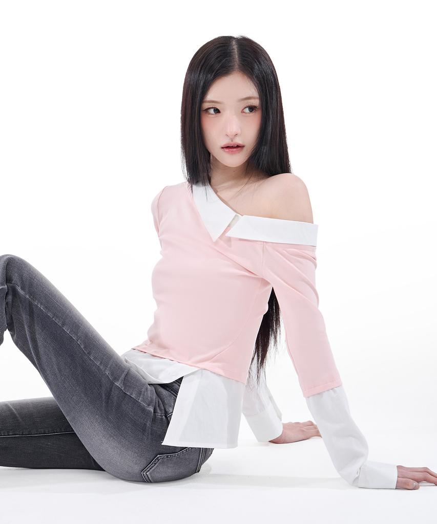 Alkialka One-Shoulder Layered Top (Light Pink)