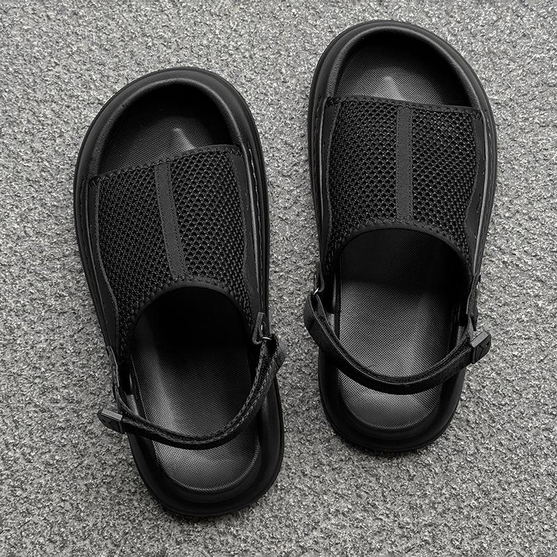 Herren Ein-Wort-Sandalen tragen atmungsaktive weichsohlige lässige vielseitige Mode-Strandschuhe 471226 schwarz-J