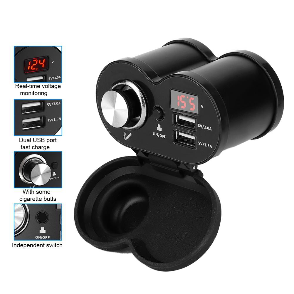 Motorcycle Dual USB MultiFunction Phone Charger with Voltmeter and Cigarette Lighter (Black)