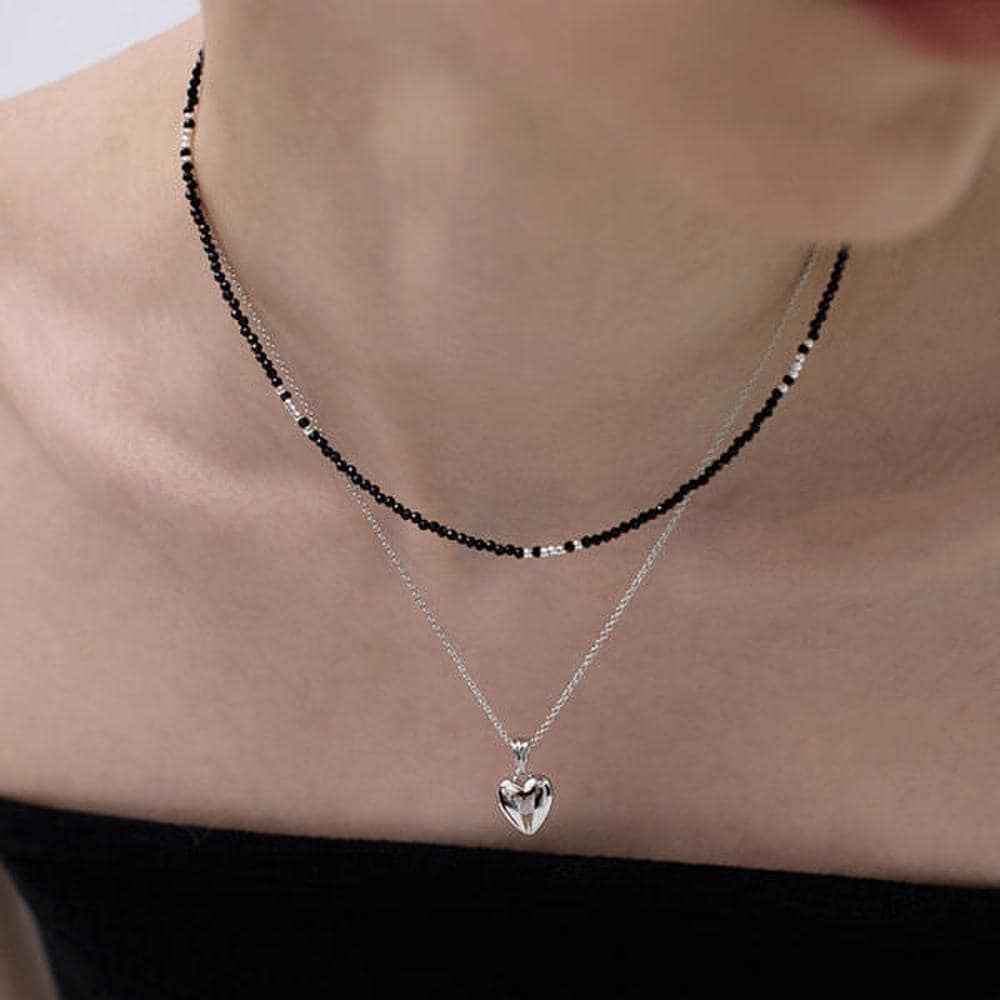 Poom/Luz Luna Saana Black Onyx Silver Ball Choker Layered Necklace