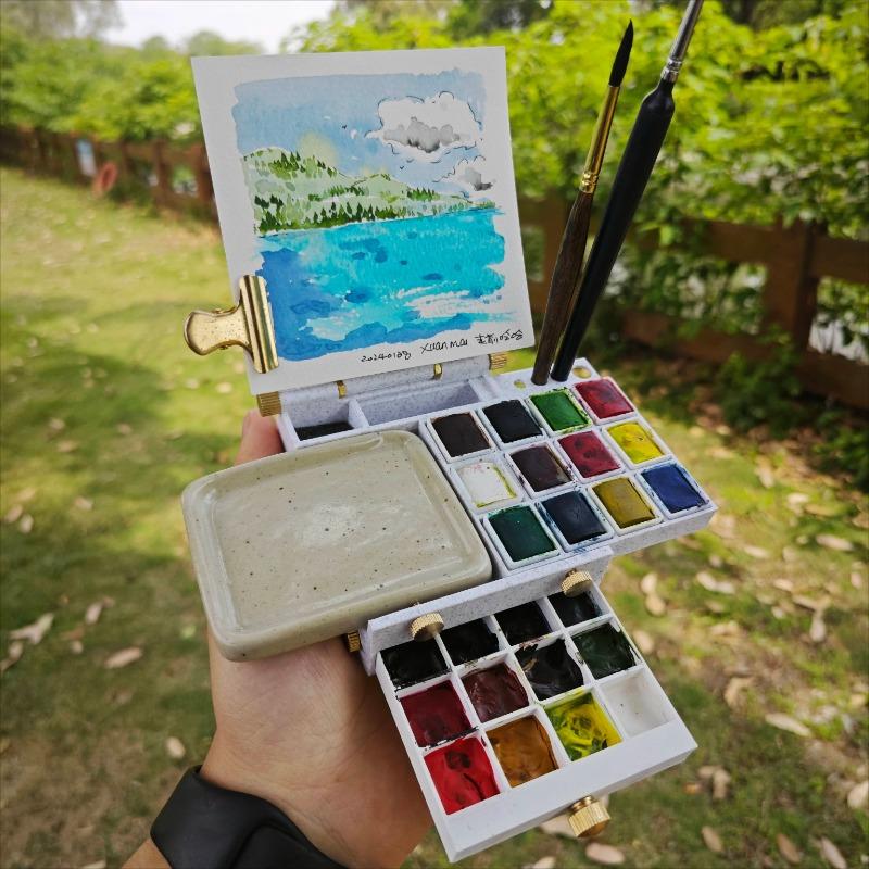 24 Color Mini Watercolor Paint Empty Box Portable Folding Art Tool Outdoor Sketching Handcrafted Drawing Board Palette Supplies