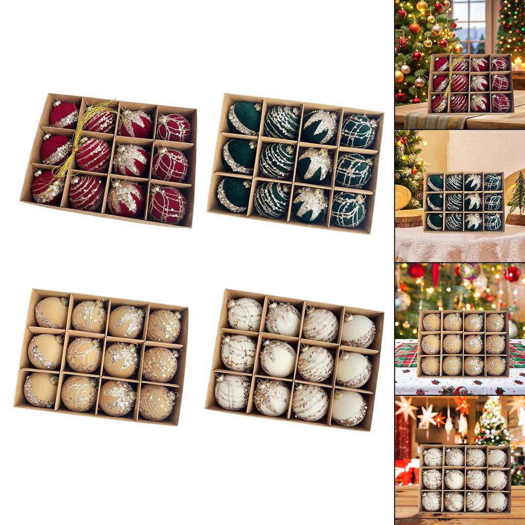 Glitter Christmas Balls 12pcs Elegant Flocking Decoration Pendants for Xmas Tree Party Home Ornaments