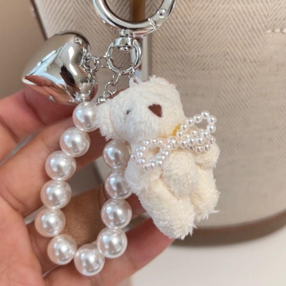 Fashion Sweet Fluffy Plush Bear Keychain Bag Accessories Heart Keyring Pearl Bowknot Doll Pendant Couples Keychain Gifts