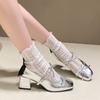 Temperament round head bow word with Mary Jane shoes women's 2025 spring light mouth thick heel single shoes silver small leather shoes
