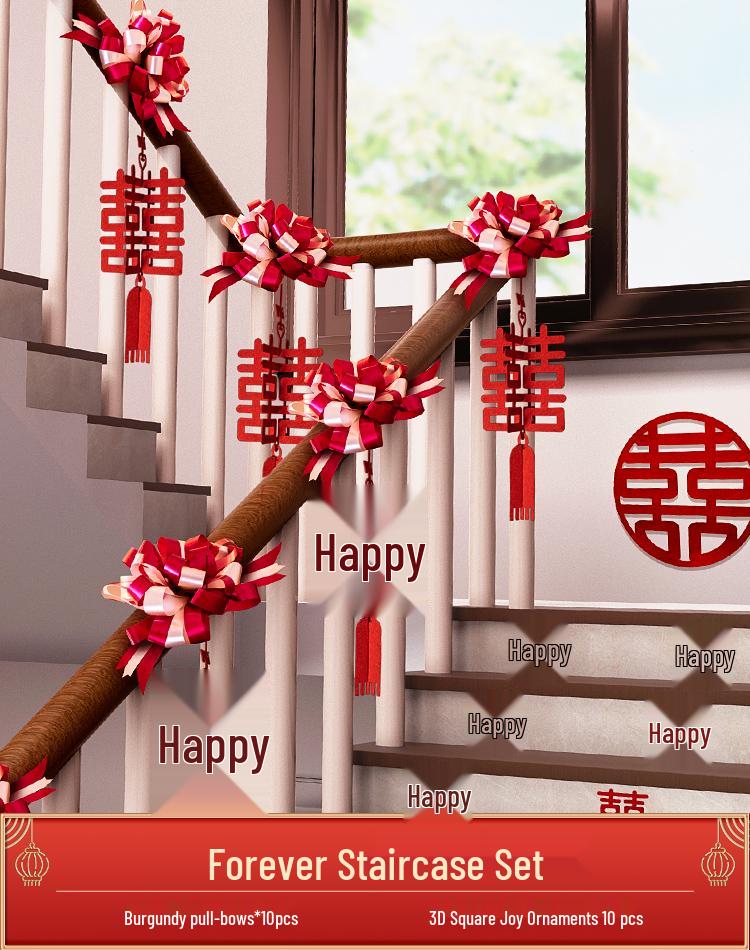 Online Celebrity Wedding Stair Railing Décor Set: Groom's Ceremony Ribbons, Bows, and Pull Flowers