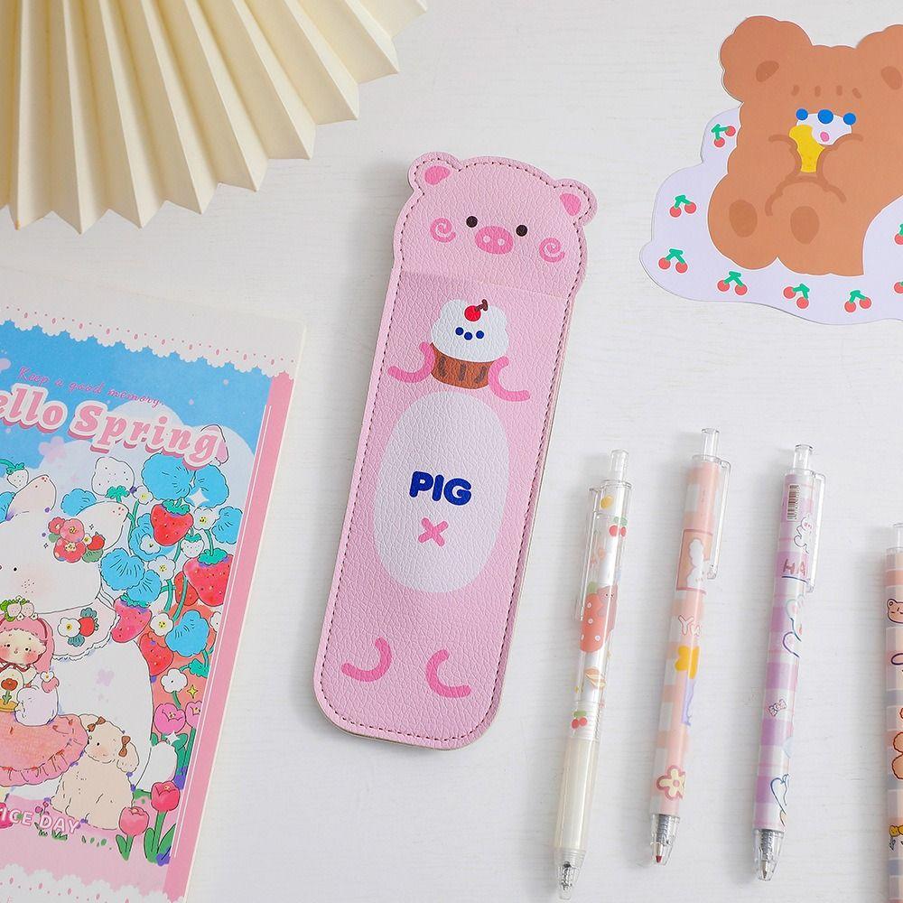PU Leather Cartoon Pen Clip Waterproof Pencil Box Notebook Elastic Band Pencil Case  Kids Gift