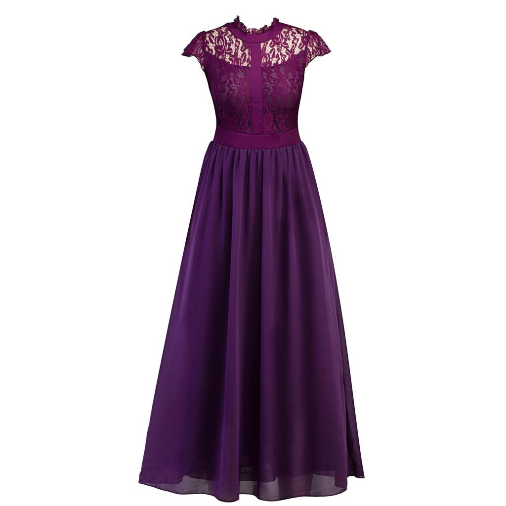 Amazon spring and summer lace dress European and American foreign trade mesh hollow splicing chiffon bridesmaid banquet dress dress