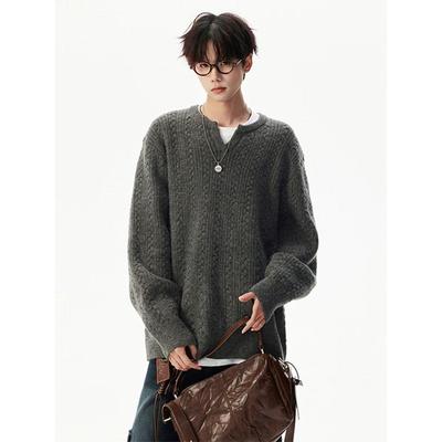 Unisex American Retro Cable Knit Henley Sweater - Loose Fit High-End Pullover