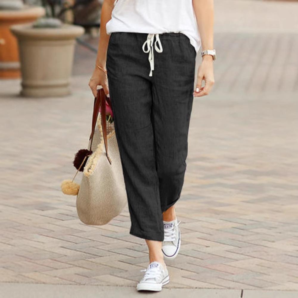 Women's Drawstring Waist Linen Pants Loose Straight Leg Trousers Casual Solid Color Elastic High Waist Joggers For Summer Daily Wear