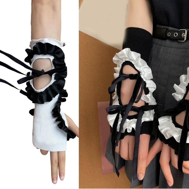 Lolitas Crinkled Hollow Out Gloves Satins Lace Ribbon Adjustable Wrist Sleeves For Women Party Fashion Accessories