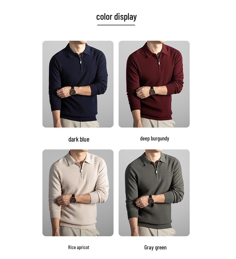Men's 100% Wool Zipper Lapel Sweater - Korean Style Knit Pullover