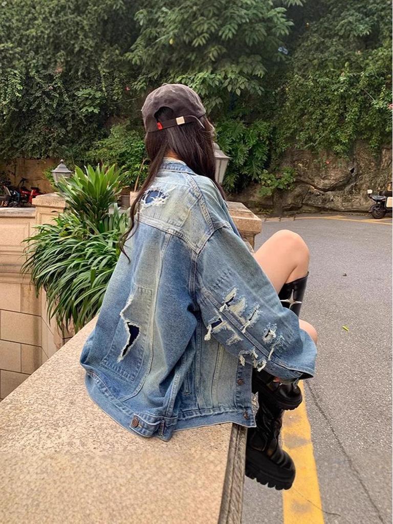 Women's Retro Ripped Denim Jacket for Spring/Autumn 2024 - Loose, Versatile Cardigan Top