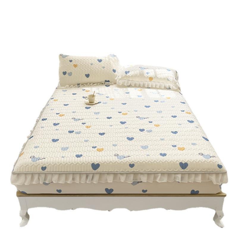 3-teiliges Sommer-Bettrock-Set für Mädchen aus Spitze, Latex, Kühler, weiche Matratzenunterlage, waschbar, Eisseide, Spannbettlaken-Set mit Kissenbezug