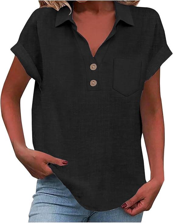 European Women's Cotton Linen Short Sleeve Lapel Button Shirt