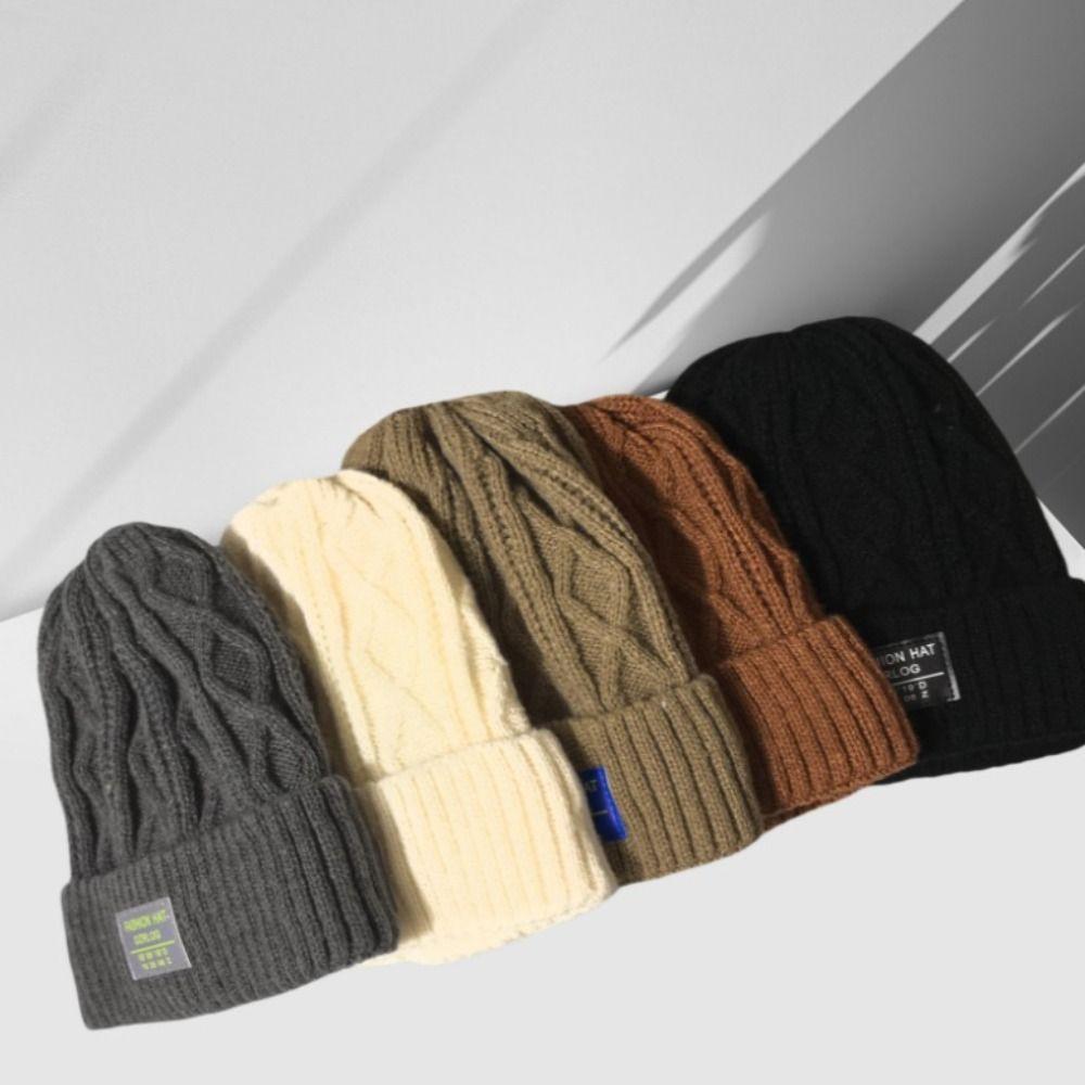 Add Fur Lined Winter Hats Solid Color Knitted Hats Casual Beanie Cap Men And Women