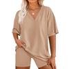 Women's Loose Fashion Solid Color Split V-Neck Short Sleeve Top Shorts Two Piece Set
