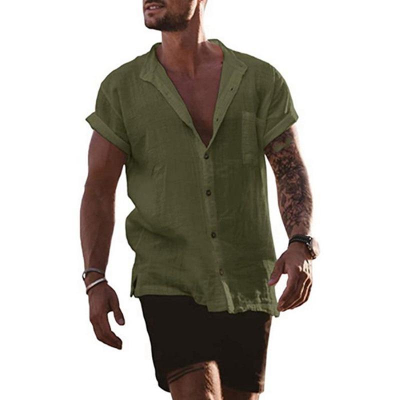 Herren Leinen Baumwolle Kurzarm Button-Down Freizeithemd