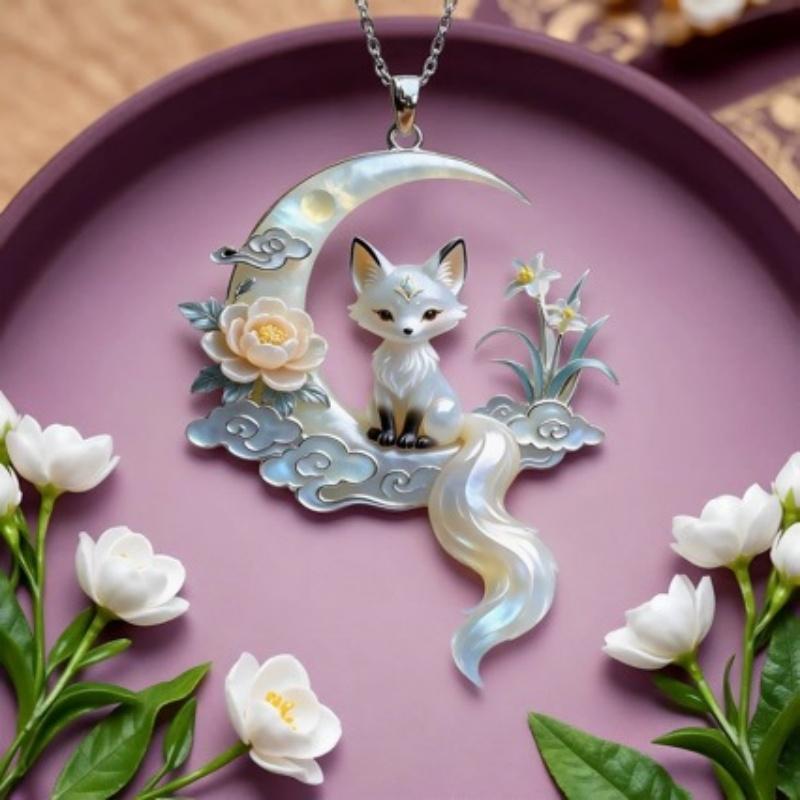 1Pcs Retro Moon Fox Pendant Necklace Thin Cable Chain Elegant Chinese Style Hanfu Accessories Jewelry Gift
