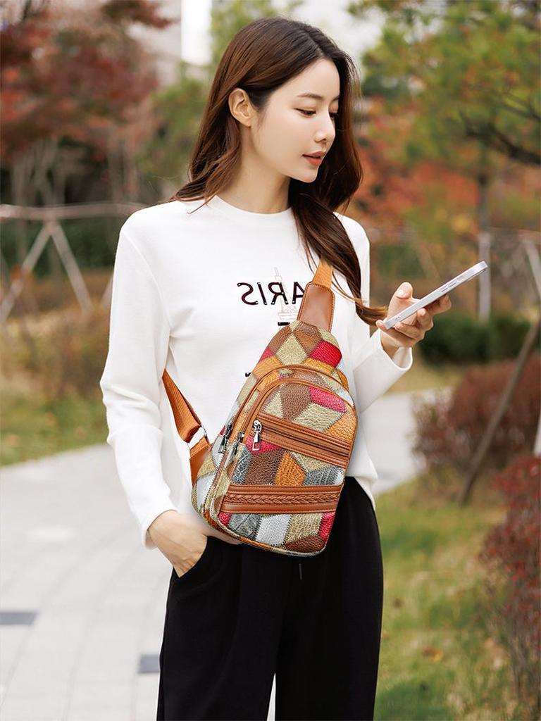 Fashionable Women's Versatile Shoulder & Chest Bag - Stylish Contrast Leather Small Backpack