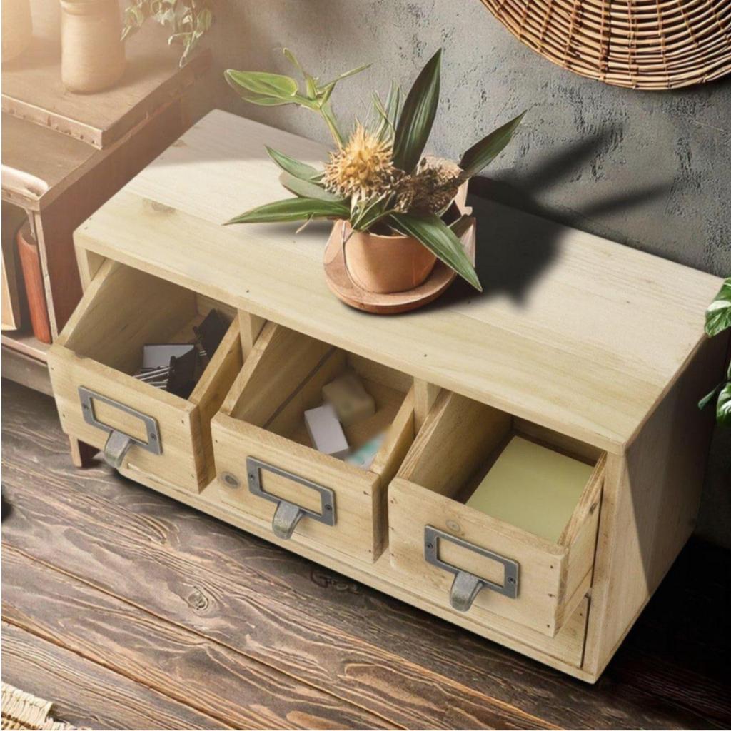 Rustic Desktop Storage Drawers Multi-Compartment Wooden Desk Organizer