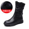 Women Boots Autumn Winter Plush Warm Mid Calf Boots Round Toe Zipper Pleated Thick Bottom Leather Cotton Boots