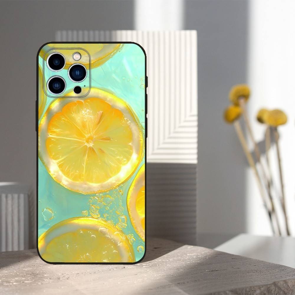 Fruit Art lemon Phone Case For iPhone 15,14,13,17,16,12,11,Plus,Pro Max,XS,X,Mini,8,7,XR,SE,Soft Silicone Black