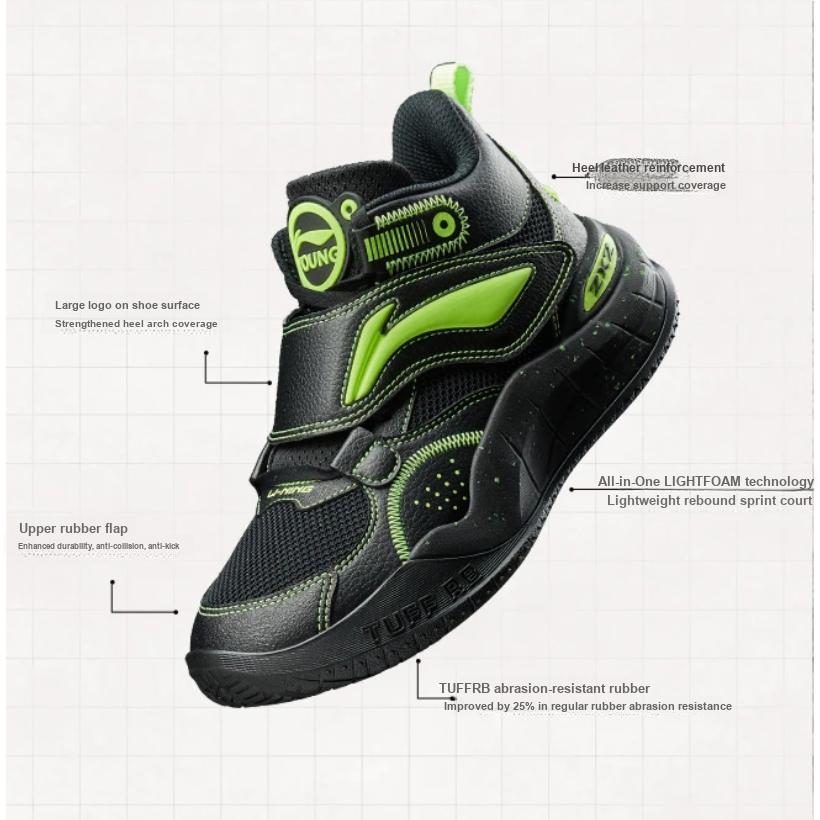 Li Ning Youth Pre Comfortable Non-Slip Shock Absorbing Durable Supportive Mid-Top Basketball Shoes Kids Basketball Shoes Black Green YKBT092-1
