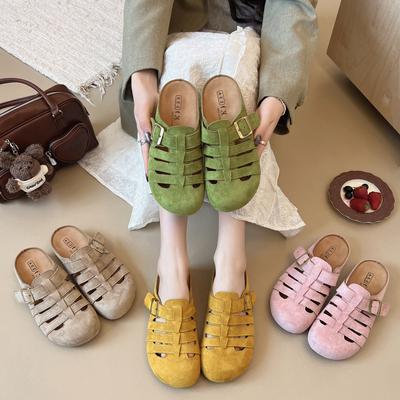 2025 Height Increase Outer Wear Roman Style Women's Shoes Summer Hollow Breathable Bag Head Soft Sole Semi-drag Cool Slippers Birken Slippers