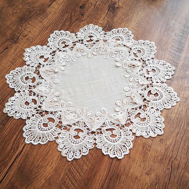 American Style modern beige linen lace embroidered edge round small tablecloth Coaster tea set vase scratch-proof table surface mat