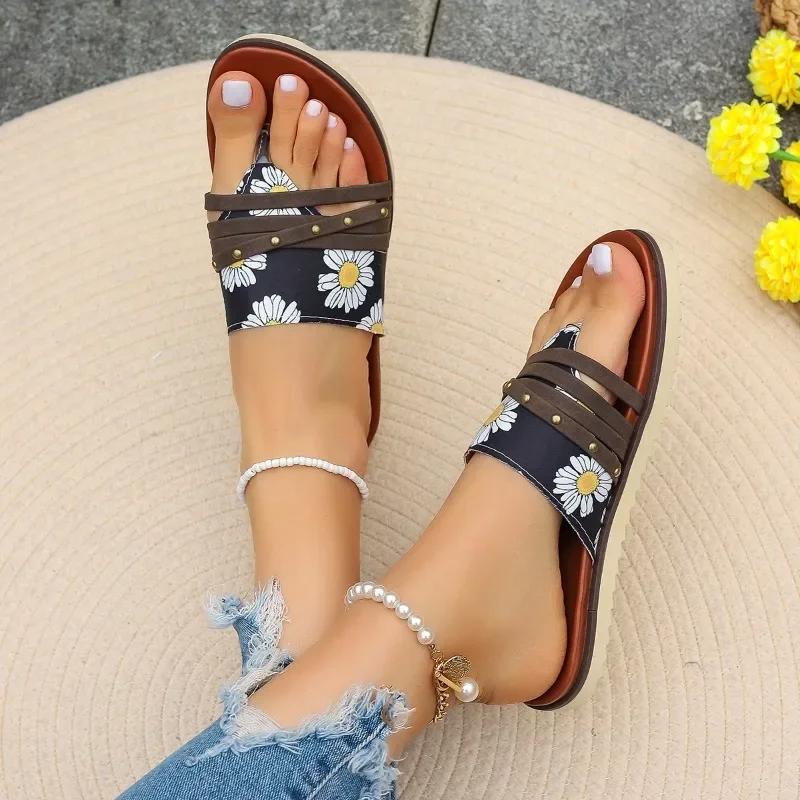 Women's Shoes New Promotion Flip-Toe Women's Slippers Summer Roman Mixed Color Outdoor Leisure Beach Flat Large Size Slippers