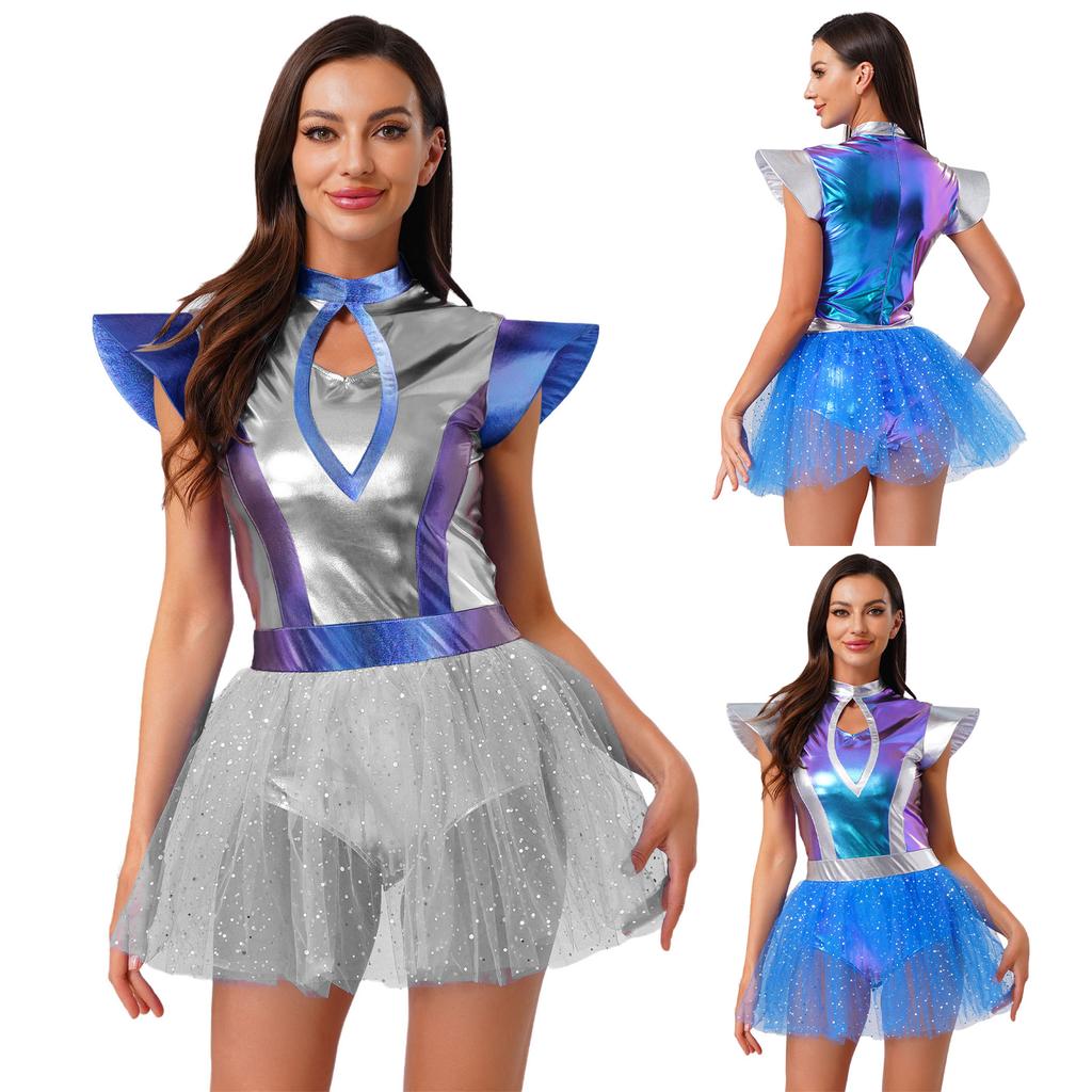 Womens Alien Cosplay Dress Fly Sleeve Front Hollow Out Metallic Shiny Patchwork Tulle Hem Built-in Briefs