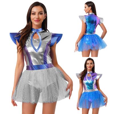 Womens Alien Cosplay Dress Fly Sleeve Front Hollow Out Metallic Shiny Patchwork Tulle Hem Built-in Briefs