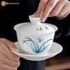 Handbemalte Keramik-Gaiwan mit goldverziertem Jade